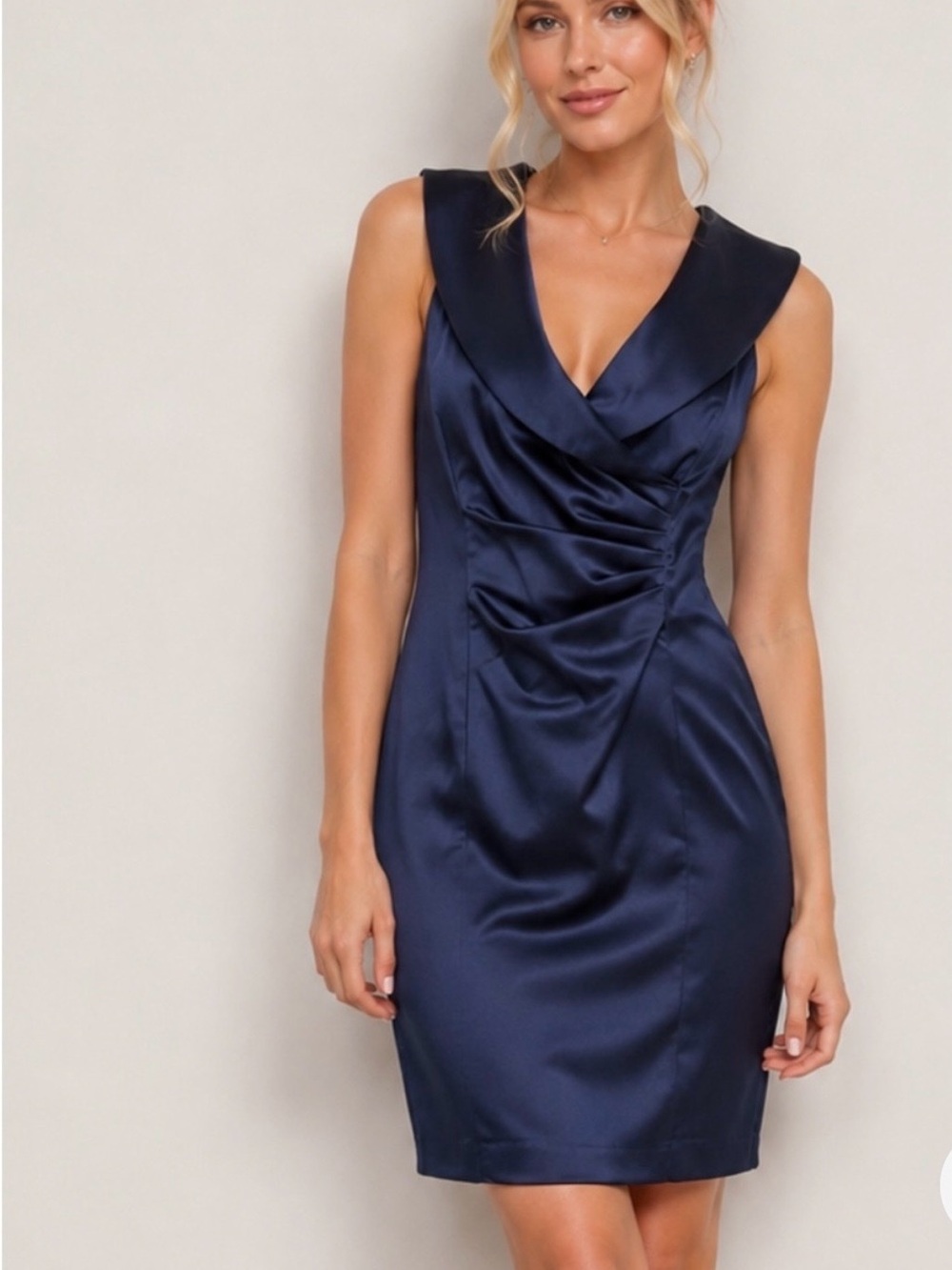 Betsy & Adam by Linda Bernell Navy Satin Cocktail formal wedding event Dress 6